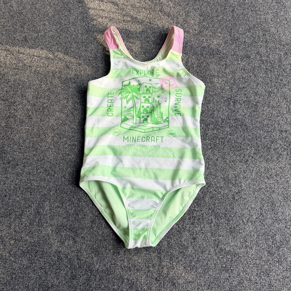 NWT Minecraft Girls One Piece Swimsuit Bathing Suit Stripes UPF 50+ Green M 7/8
